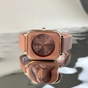 Square quartz watch for women with rose gold case and pink silicone strap elegant daily wear