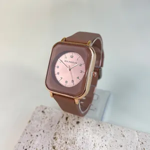 Detailed view of the women's square quartz watch with silicone strap and digital dial.