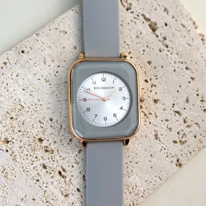 Minimalist square quartz women watch with stylish grey silicone strap and digital dial