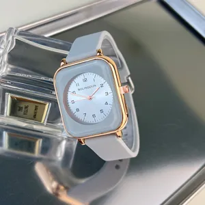 Square quartz women watch with grey silicone strap and rose gold bezel, elegant daily wear.