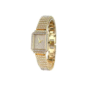 Women square rhinestone quartz watch, luxury gold bling wristwatch for daily wear and parties.