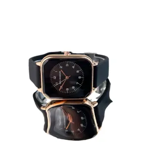 Minimalist square quartz watch for women with comfortable black silicone strap and rose gold case.
