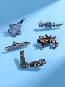 Military enamel pin set featuring fighter jets, drones, and tanks for tactical backpack decor.