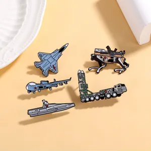 Detailed view of military theme enamel pins set including fighter jet, missile truck and drone.