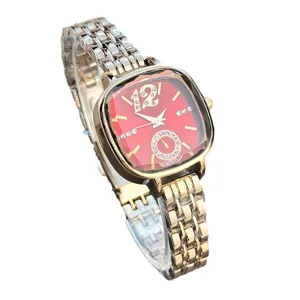 Elegant women quartz watch square faceted glass red rhinestone dial luxury metal strap