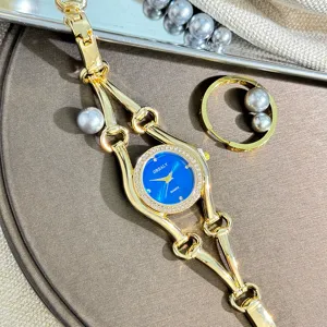 Damen Luxus Quarzarmbanduhr mit Perlen und goldener Metall Armbandkette elegante Mode Uhr