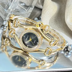 Elegante Damen Quarz Uhr gold Mode Armbanduhr mit funkelnden Strasssteinen.