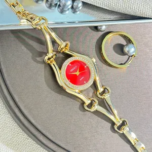 Damen Gold Quarz Uhr mit rotem Zifferblatt Strass Lünette elegante Luxus Metallarmbanduhr