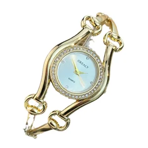 Luxus Damen Quarzuhr in Gold mit Strass Zifferblatt und elegantem Metall Armband.
