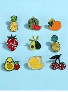 Cute cartoon fruit enamel pins set detail showing alloy watermelon and pineapple brooch badges.