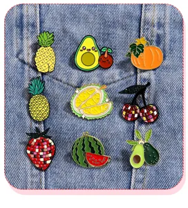 Cute cartoon fruit enamel pins set, adorable alloy brooch badge for backpack and clothes decoration.
