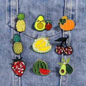 Cute cartoon fruit enamel pins set, alloy lapel badges for backpacks and clothes decor.