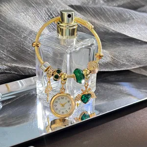 Gold charm bracelet quartz watch with green beads key winged heart pendant for women gifts