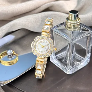Luxury women's quartz watch with rhinestone flower dial and dazzling crystal chain strap.
