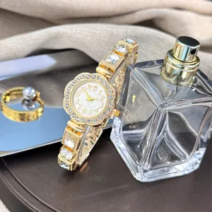 Luxury rhinestone flower quartz watch for women gold bracelet fashion elegant crystal wristwatch
