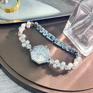 Elegante Damen Quarzuhr mit Perlen Strass Armband Armbanduhr sechseckiges Zifferblatt chic