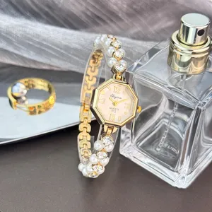 Koreanische Mode achteckige Quarzuhr mit Perlen Strass Armband für Damen im Design.