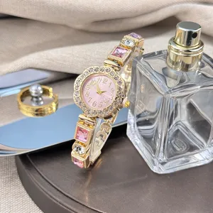 Luxury women quartz watch with pink dial rhinestone bracelet sparkling crystal elegant design