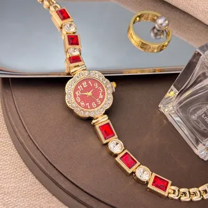 Women quartz watch luxury red crystal floral bracelet wristwatch elegant gold jewelry