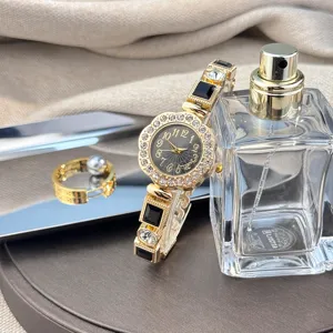 Women quartz watch luxury rhinestone floral dial bracelet design elegant fashion gold wristwatch