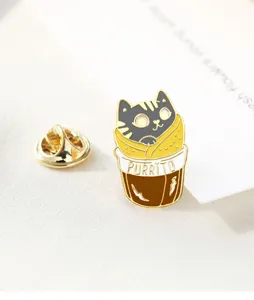 Cute cat burrito enamel pin detail shot, creative cartoon metal brooch badge for clothes decor.