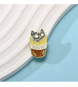 Cute cat enamel pin detail, creative dessert burrito brooch showing fine alloy craftsmanship.