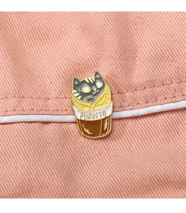 Cute cat enamel pin brooch alloy cartoon burrito design for apparel decoration.