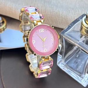 Elegante roze quartz horloge met kristallen schakelarmband snoep stijl dameshorloge
