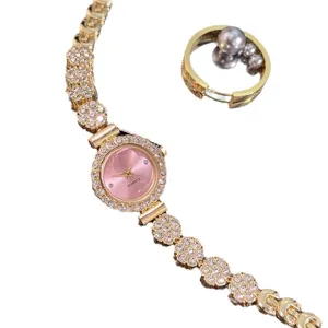Women rhinestone watch bracelet set luxury pink dial quartz watch with elegant ring for girls