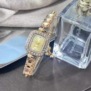 Detailed shot of sparkling rhinestone square quartz watch with adjustable pull bracelet.
