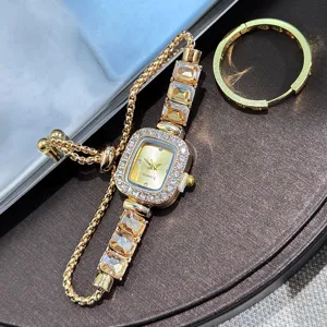 Gold rhinestone square quartz watch drawstring bracelet watch for women fashion elegant