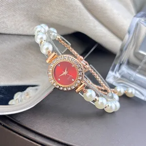 Elegant women quartz watch with pearl strap and sparkling rhinestone bezel rose gold fashion jewelry
