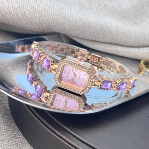 Damen quadratische Quarzuhr Roségold lila Kristall Strass Armband Mode Armbanduhr