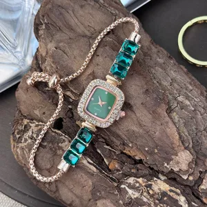 Exquisite square green dial quartz watch with sparkling crystals and rose gold strap.
