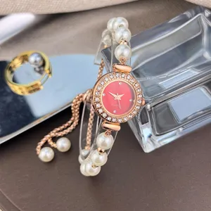 Women pearl bracelet watch rose gold quartz watch adjustable fashion timepiece for girls