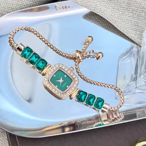 Elegant green square quartz watch with dazzling rhinestones and a chic rose gold sliding chain.