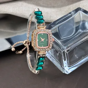 Elegant women's quartz watch with a square green dial, sparkling rhinestones and bracelet.