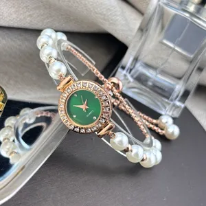 Exquisite women's quartz watch featuring green dial, rhinestone bezel, and pearl bracelet.