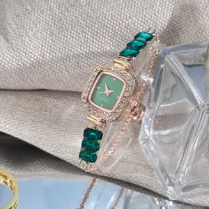 Detail view of the elegant square green dial rhinestone quartz watch with bracelet strap.