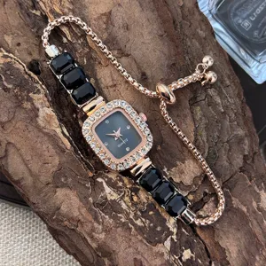 Women quartz watch luxury rhinestone square dial adjustable slider bracelet wrist watch