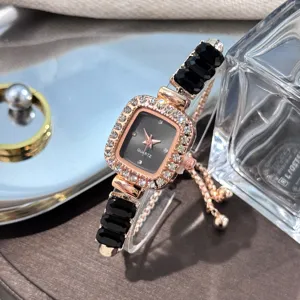 Luxury Women Quartz Watch Rose Gold Square Rhinestone Bracelet Watch Elegant Chic