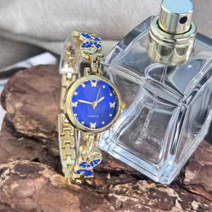 Damen Quarzuhr Luxus Blau Zifferblatt Schmetterling Strass Armbanduhr Detailansicht