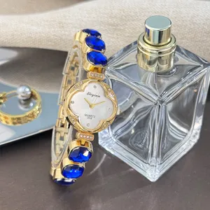 Reloj cuarzo trébol de lujo con pulsera cristal azul elegante moda mujer nuevo