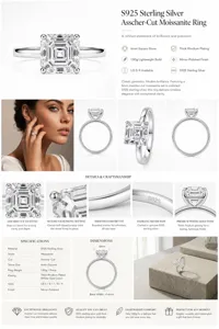 Asscher-cut moissanite ring detail, 6mm square stone, S925 silver craftsmanship, sparkling.