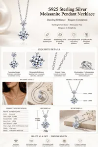 Detailed specs of S925 sterling silver necklace featuring D color Moissanite stones.