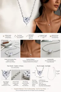 Detail view of S925 silver heart moissanite necklace with dimensions and close-up shots