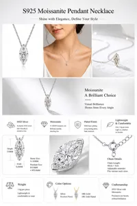 S925 sterling silver moissanite marquise pendant necklace with 40+5cm adjustable chain