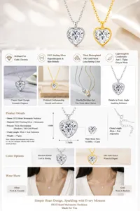 Elegant S925 sterling silver Moissanite heart necklace with dimensions and model display