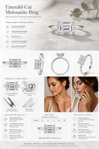 Emerald-cut moissanite ring in sterling silver. Elegant 5x7mm stone with brilliant sparkle.