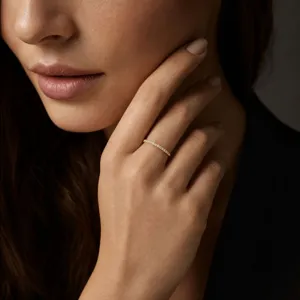 Exquisite half eternity sterling silver thin stackable ring detail view, elegant jewelry.